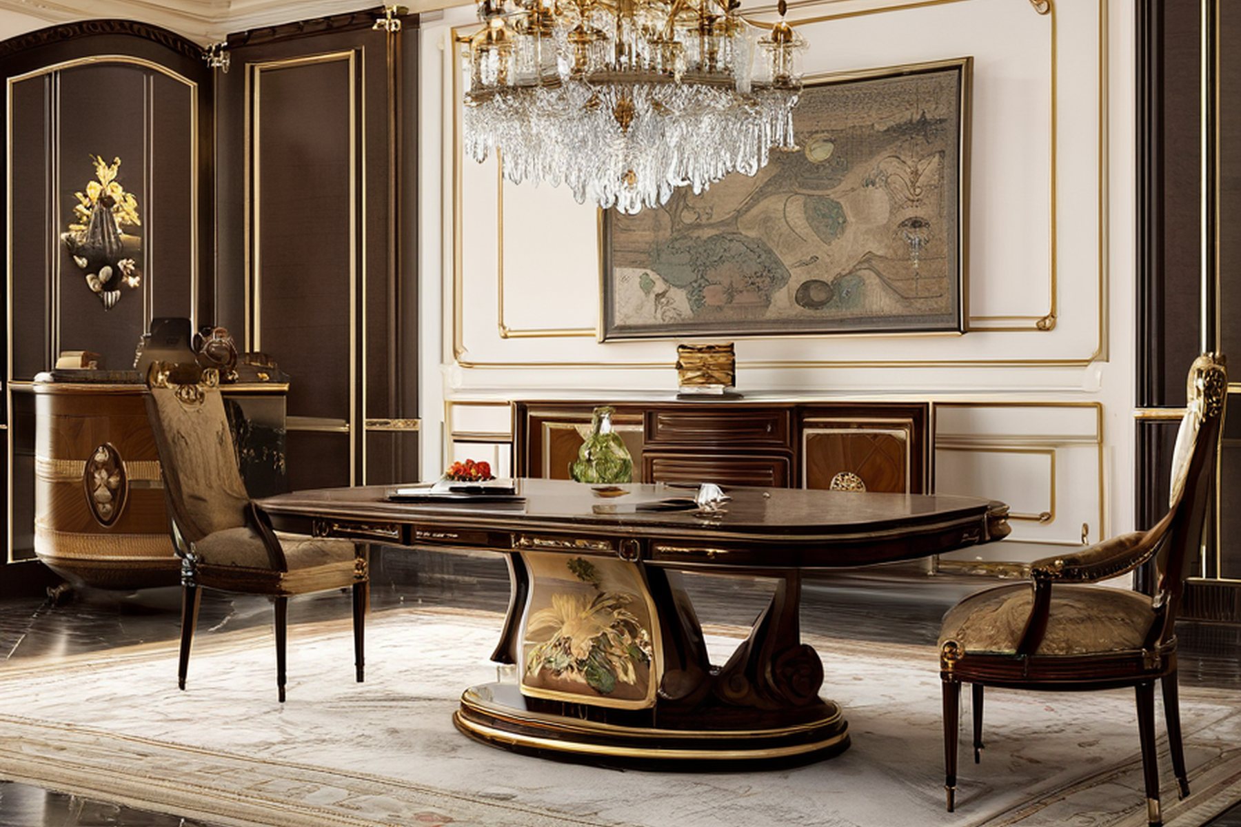 Venetian classic furniture walnut marquetry detail by Modenese Gastone